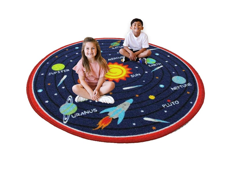 HUAHOO Blue Solar System Kids Area Rug Educational Learning Carpet Fun Rug Children Area Rug for Playroom & Nursery - Non Skid Gel Backing (79" Round, Round Solar System) - Image 1